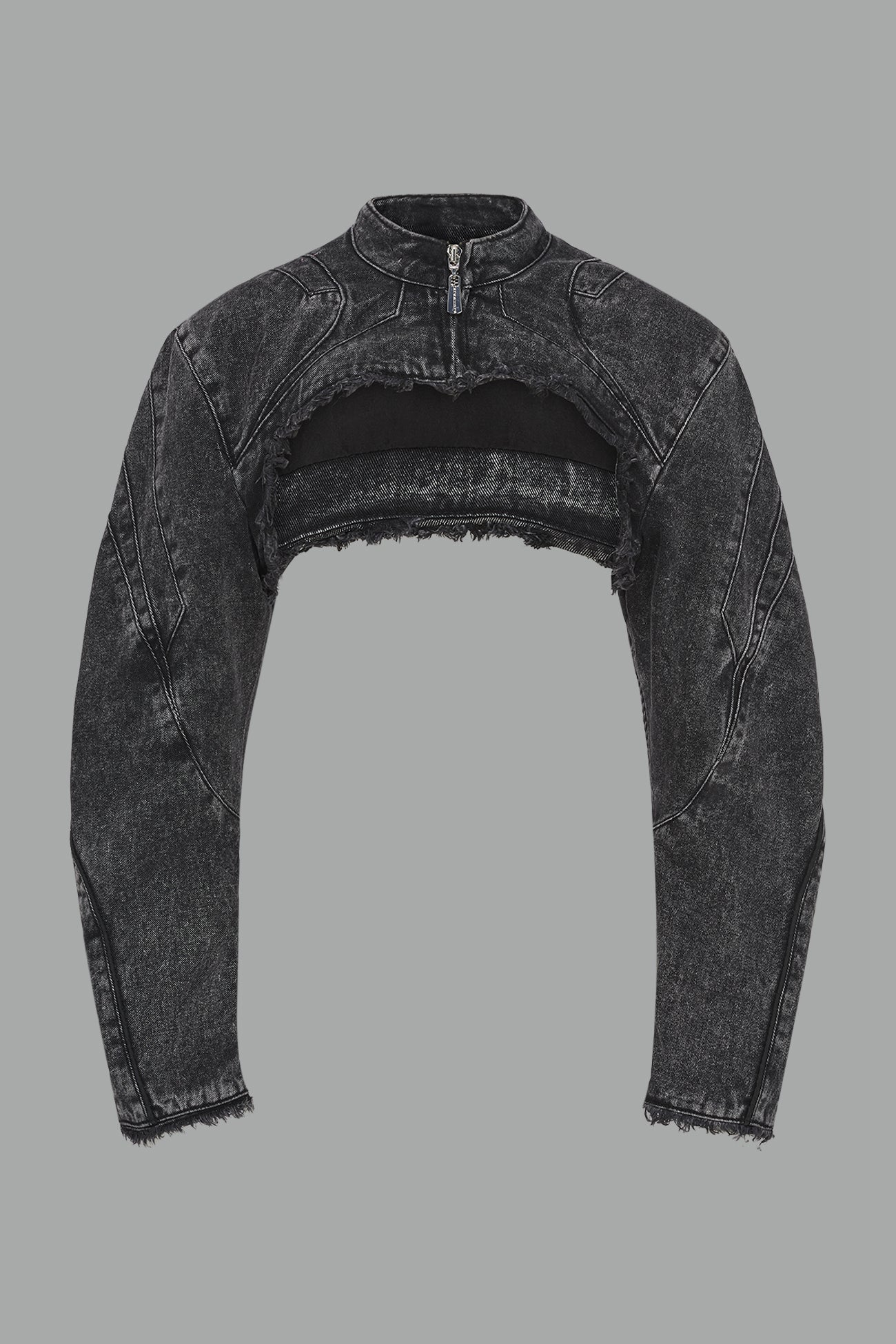 ultra-cropped black washed denim bolero jacket with front zipper, raw frayed edges, choker neckline, and sculpted biker sleeves