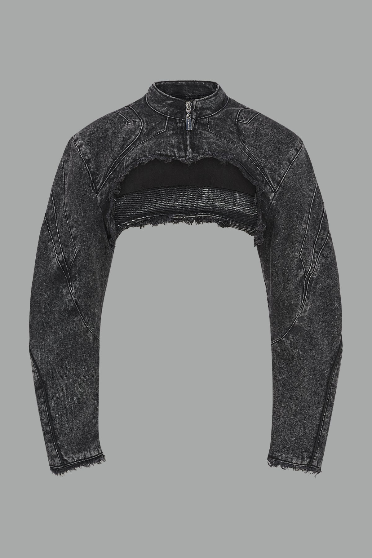 ultra-cropped black washed denim bolero jacket with front zipper, raw frayed edges, choker neckline, and sculpted biker sleeves