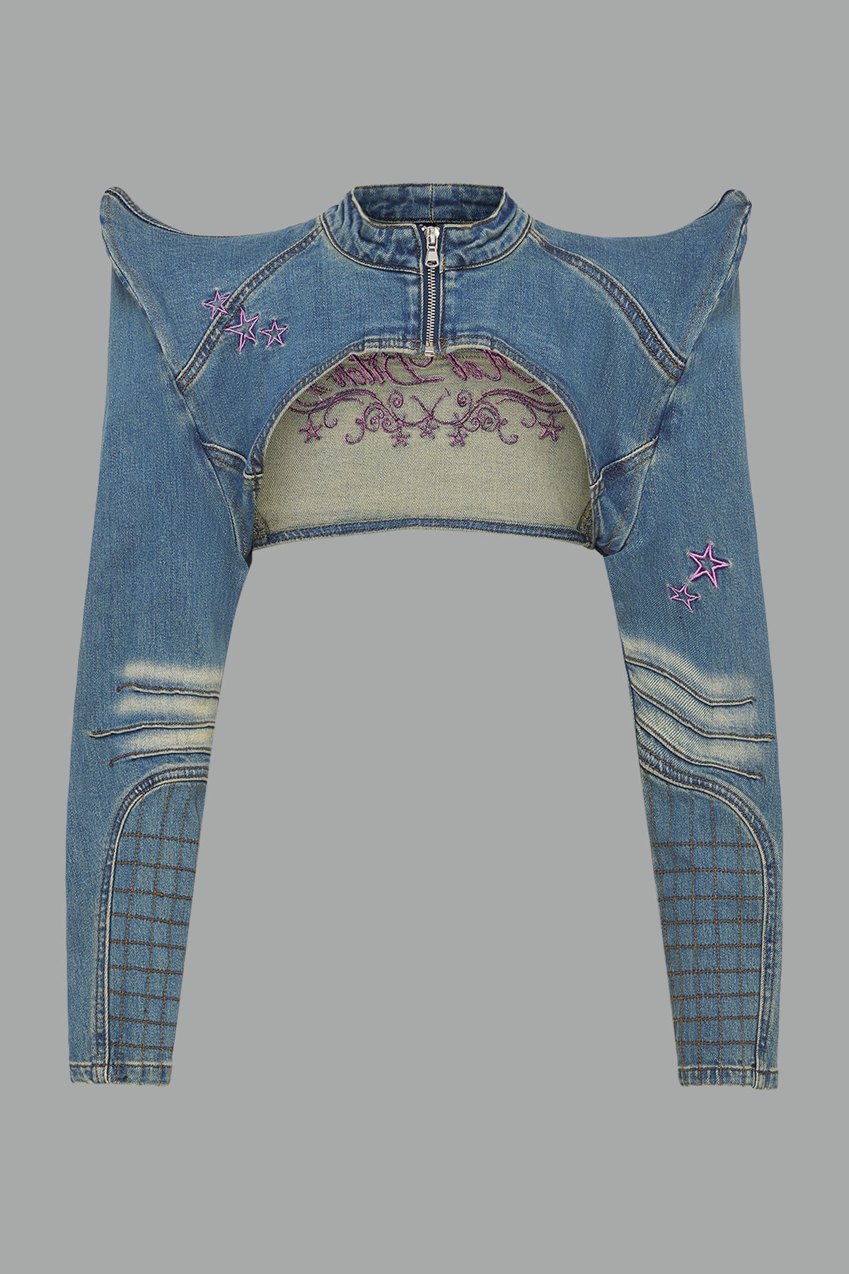 Namilia blue cropped denim bolero jacket with exaggerated shoulders and pink embroidery on back