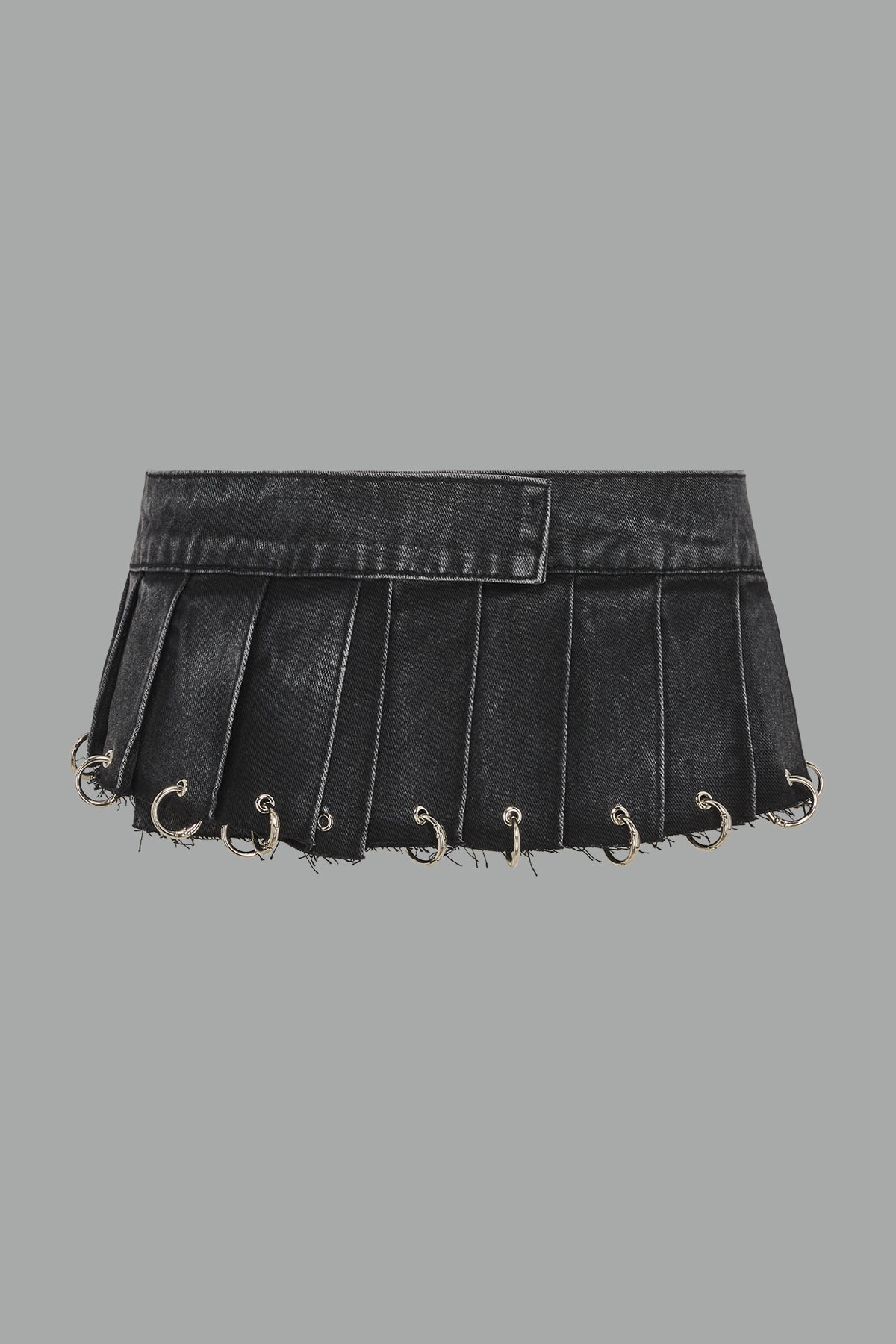 ultra-short black washed denim pleated mini skirt featuring frayed hem, silver grommet rings, and wide belt-style front closure