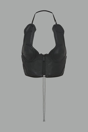 bold black vegan leather statement halter top with provocative cup design and front zipper, paired with matching pants – futuristic streetwear look