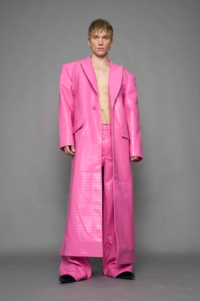 model wearing pink vegan croc leather long blazer coat 