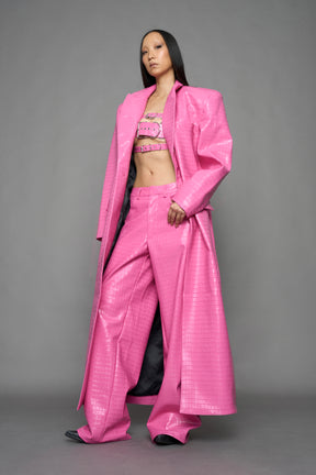 model wearing pink vegan croc leather long blazer coat 