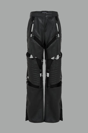  black vegan leather motocross-inspired pants with thigh cut-outs, strap harness details, quilted knee padding