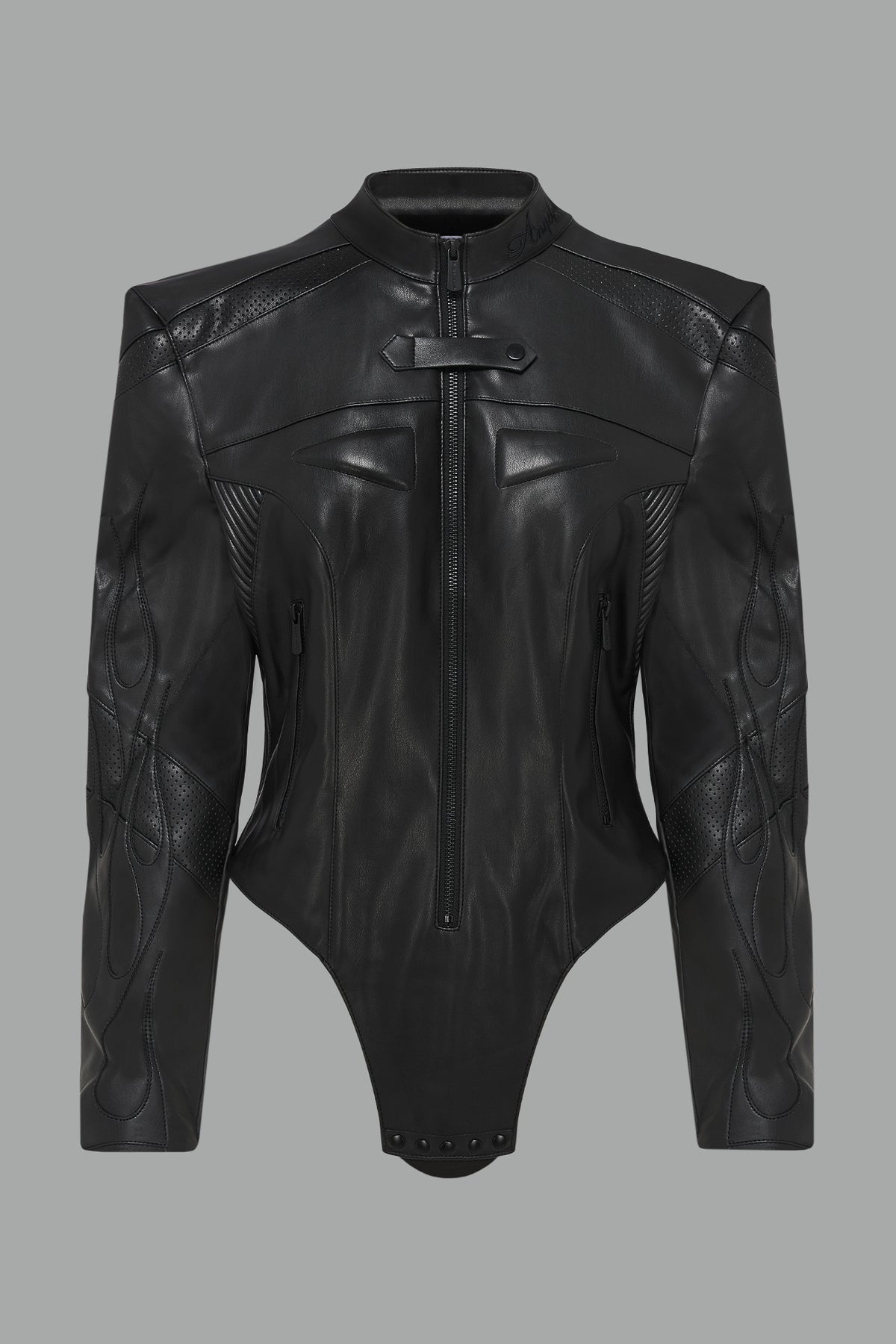 motocross jacket-style vegan leather bodysuit with black motocross paneling, padded details, flame graphics, and ‘Hollywood Angel’ embroidery
