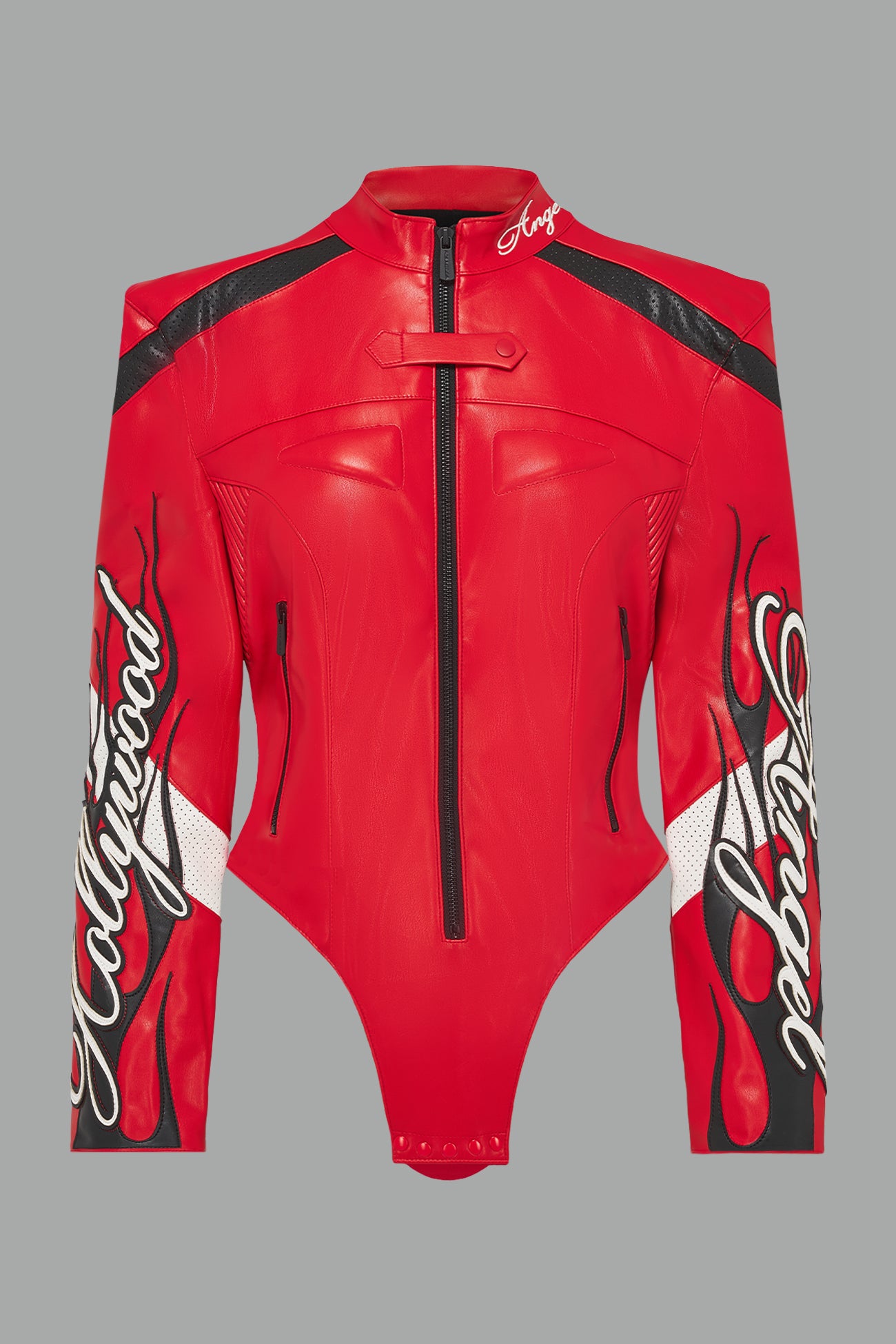 motocross jacket-style vegan leather bodysuit with red motocross paneling, padded details, flame graphics, and ‘Hollywood Angel’ embroidery
