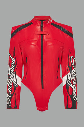 motocross jacket-style vegan leather bodysuit with red motocross paneling, padded details, flame graphics, and ‘Hollywood Angel’ embroidery