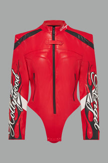 motocross jacket-style vegan leather bodysuit with red motocross paneling, padded details, flame graphics, and ‘Hollywood Angel’ embroidery