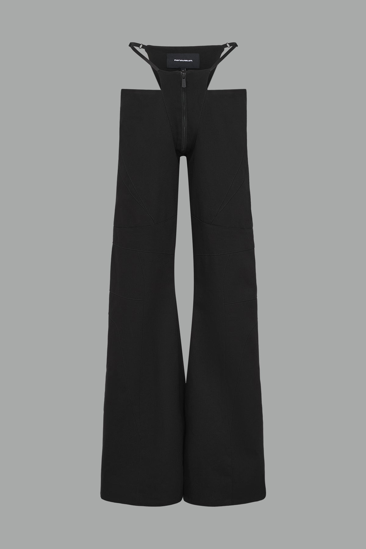 Low-rise flared pants in black cotton twill with bold side cut-outs and thong strap detailing.