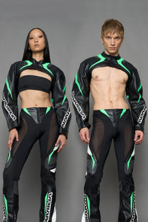 two models wearing black green and white vegan leather jacket 