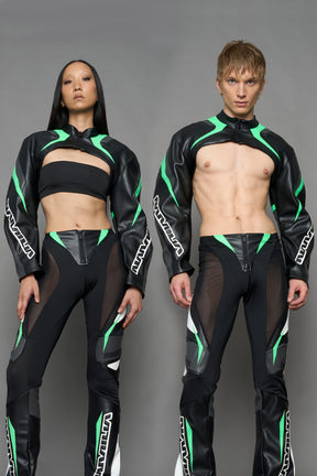 two models wearing black green and white vegan leather jacket 