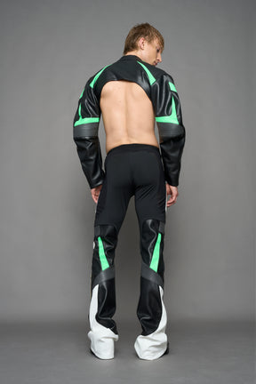 two models wearing black white green moto inspired mesh pants with logo on the leg