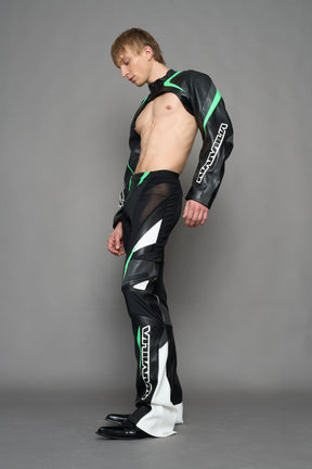 two models wearing black white green moto inspired mesh pants with logo on the leg