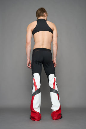 model wearing red white black moto inspired cut out body