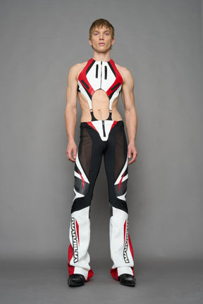 model wearing red white black moto inspired cut out body