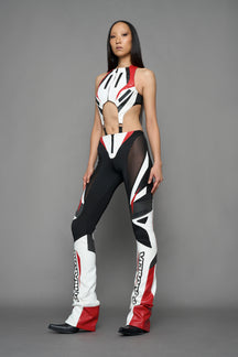 model wearing red white black moto inspired cut out body