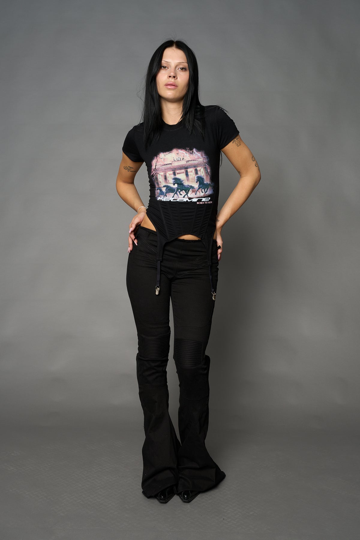 Namilia K mini tee in black with galloping horsesr graphic and detachable suspender straps