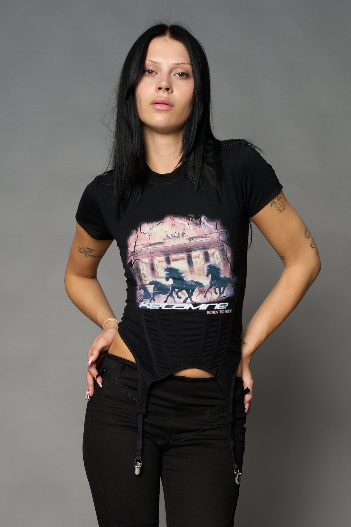 Namilia K mini tee in black with galloping horsesr graphic and detachable suspender straps