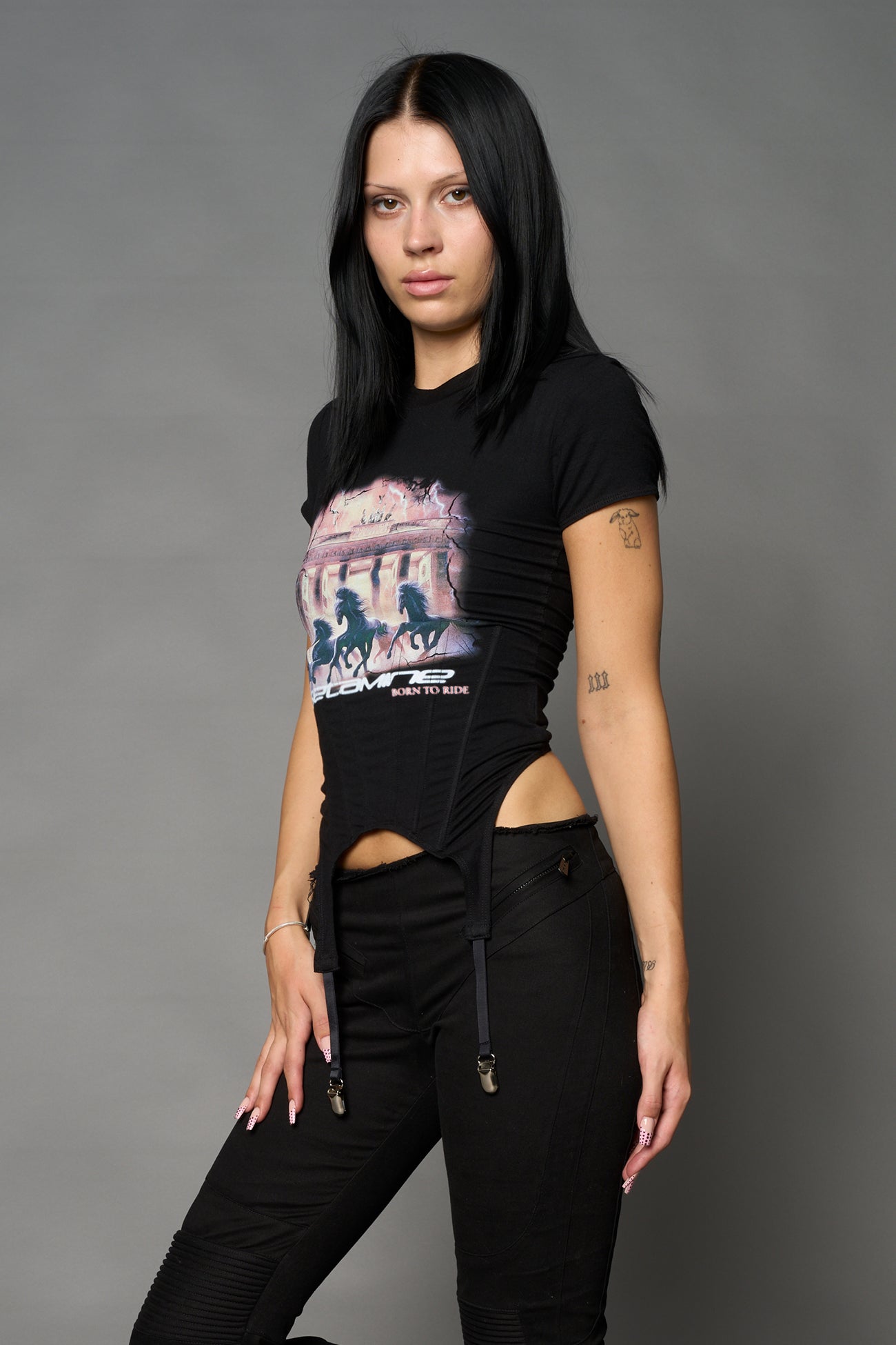 Namilia K mini tee in black with galloping horsesr graphic and detachable suspender straps
