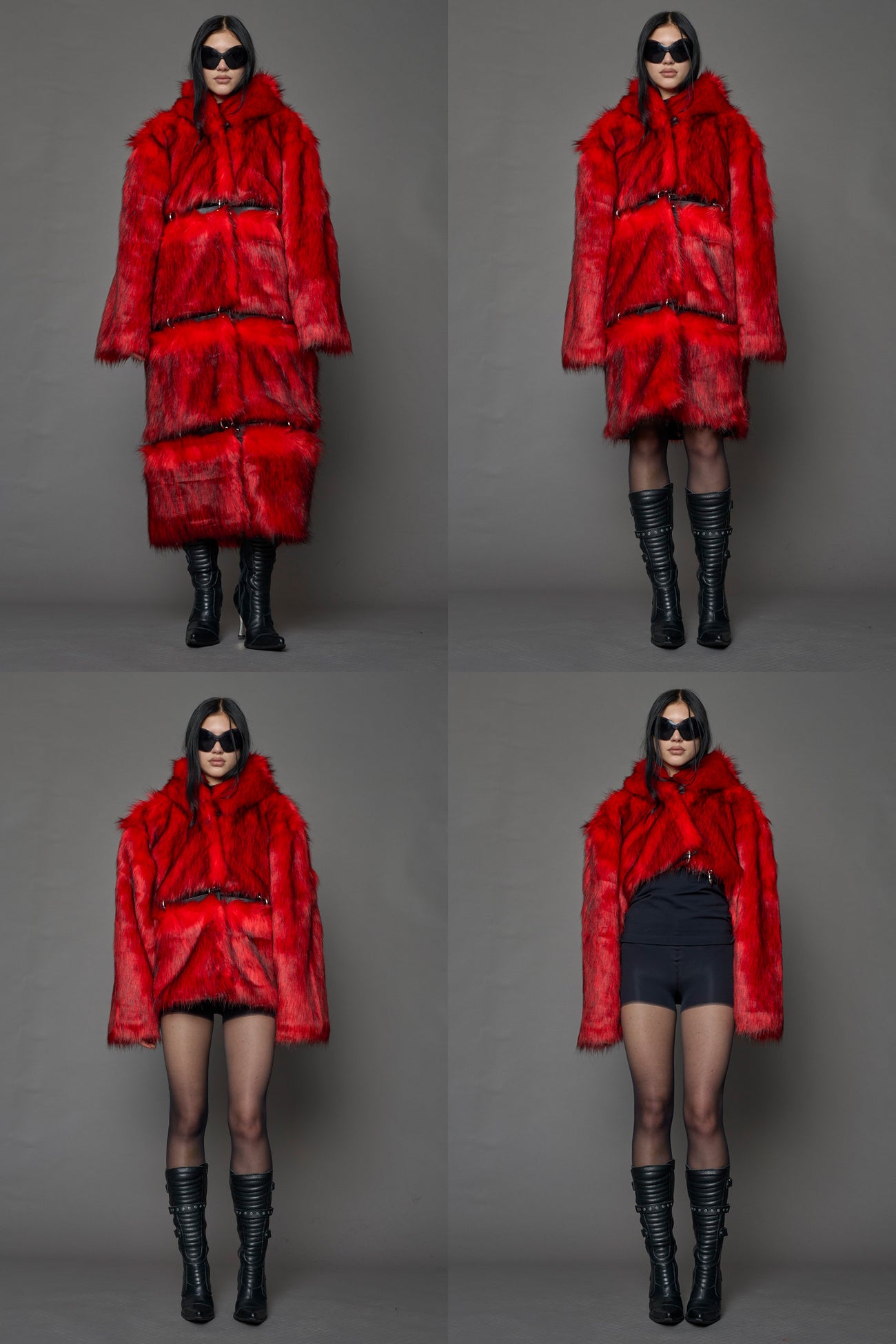 model wearing red faux fur coat with silver metal rings