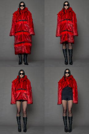 model wearing red faux fur coat with silver metal rings