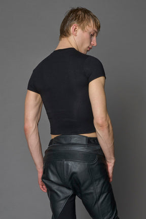 Namilia Bloodbath mini tee in black with grim reaper graphic, flame lettering and detachable suspender straps