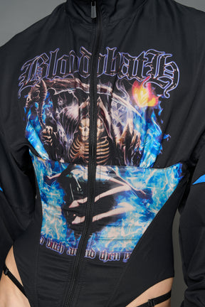 Black Namilia cropped tracksuit jacket with sleeve stripes, gothic graphic print, and lace-up corset back