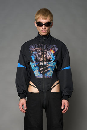 Black Namilia cropped tracksuit jacket with sleeve stripes, gothic graphic print, and lace-up corset back