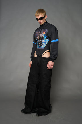 Black Namilia cropped tracksuit jacket with sleeve stripes, gothic graphic print, and lace-up corset back