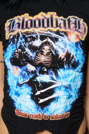 Namilia Bloodbath mini tee in black with grim reaper graphic, flame lettering and detachable suspender straps