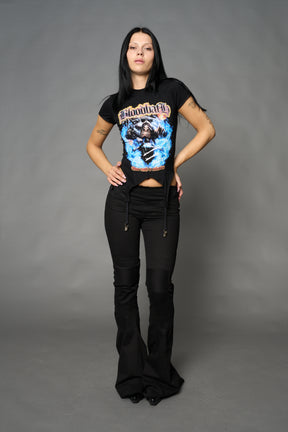 Namilia Bloodbath mini tee in black with grim reaper graphic, flame lettering and detachable suspender straps
