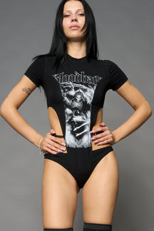 Black Namilia Bloodbath bodysuit with gothic skeleton graphic, cut-out sides, high-cut leg and strap details