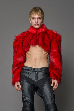 red cropped faux fur jacket with exaggerated shoulders and high neck – bold statement outerwear for nightlife, streetwear, or runway looks.