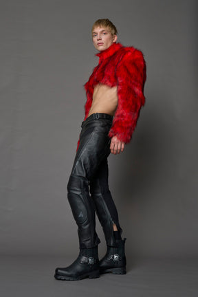 red cropped faux fur jacket with exaggerated shoulders and high neck – bold statement outerwear for nightlife, streetwear, or runway looks.