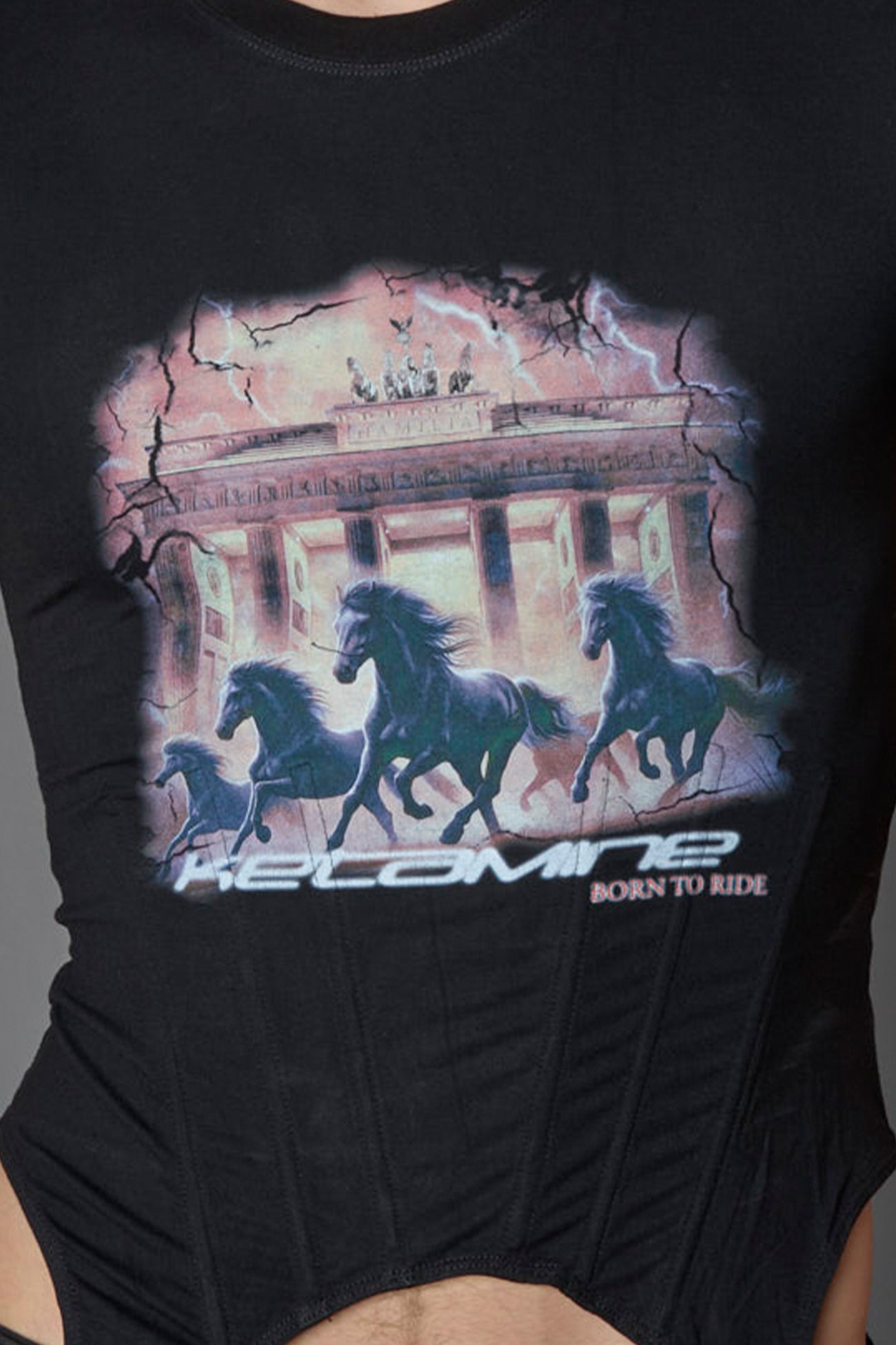 Namilia K mini tee in black with galloping horsesr graphic and detachable suspender straps