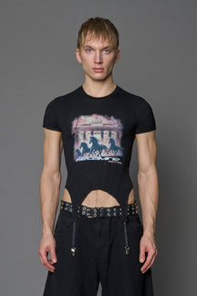Namilia K mini tee in black with galloping horsesr graphic and detachable suspender straps