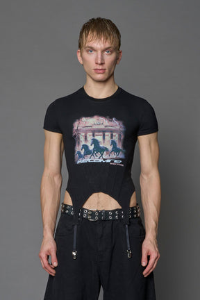 Namilia K mini tee in black with galloping horsesr graphic and detachable suspender straps