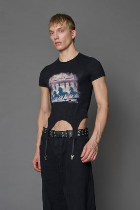 Namilia K mini tee in black with galloping horsesr graphic and detachable suspender straps