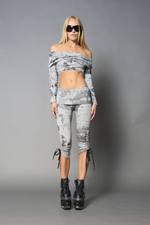 model wearing off shoulder top grey print with foldover detail and long sleeves