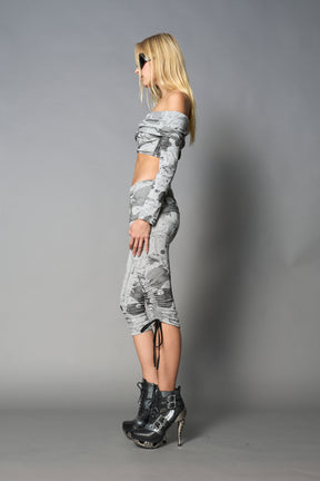 model wearing off shoulder top grey print with foldover detail and long sleeves