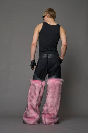 model wearing pink vegan leather and faux fur chaps