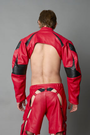 Model wearing a red vegan leather cropped jacket with a high choker collar and zipper front