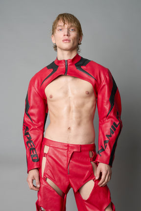 Model wearing a red vegan leather cropped jacket with a high choker collar and zipper front