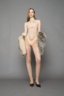 beige contour body by NAMILIA featuring a sculpted fit, corset-style waist with hook-and-eye closure, and high neckline. Statement bodywear.