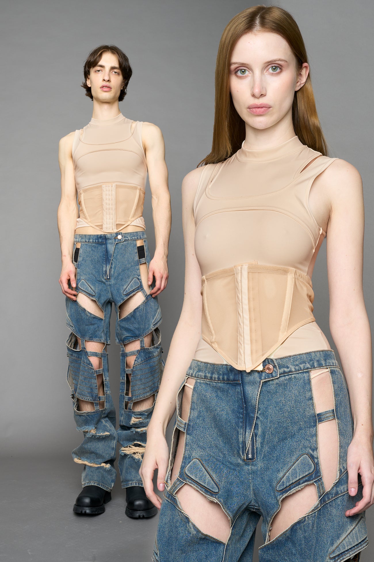 beige contour top by NAMILIA featuring a sculpted fit, corset-style waist with hook-and-eye closure, and high neckline. Statement shaping top.