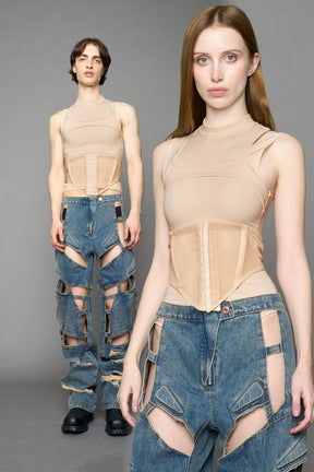 beige contour top by NAMILIA featuring a sculpted fit, corset-style waist with hook-and-eye closure, and high neckline. Statement shaping top.