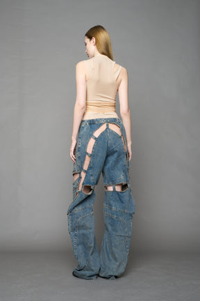 beige contour top by NAMILIA featuring a sculpted fit, corset-style waist with hook-and-eye closure, and high neckline. Statement shaping top.