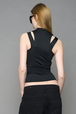 Black contour top by NAMILIA featuring a sculpted fit, corset-style waist with hook-and-eye closure, and high neckline. Statement shaping top.