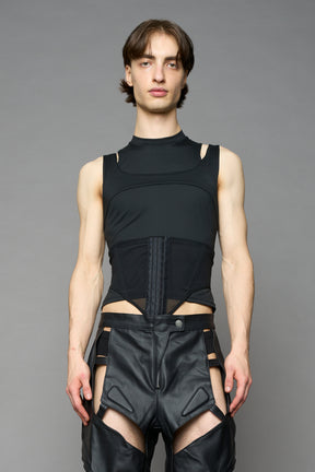 Black contour top by NAMILIA featuring a sculpted fit, corset-style waist with hook-and-eye closure, and high neckline. Statement shaping top.