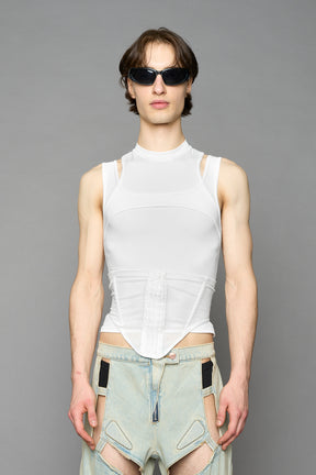 white contour top by NAMILIA featuring a sculpted fit, corset-style waist with hook-and-eye closure, and high neckline. Statement shaping top.